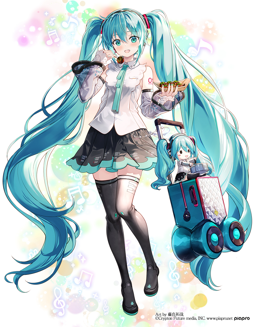 1girl, :d, bangs, beamed_eighth_notes, beamed_sixteenth_notes, black_footwear, black_skirt, blue_hair