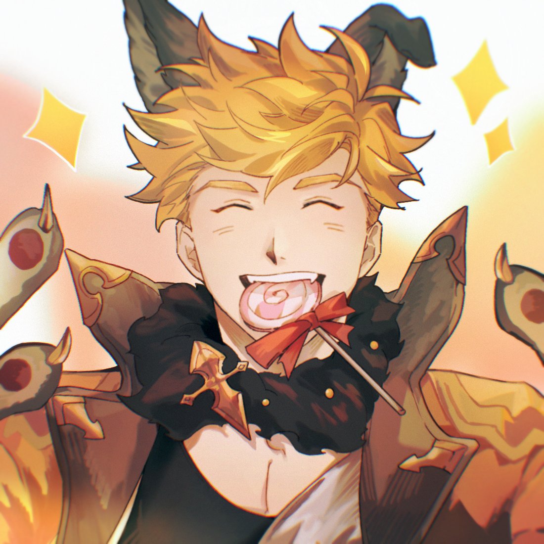 1boy, animal_ears, bangs, black_tank_top, blonde_hair, blush, candy, closed_eyes, food, food_in_mouth, granblue_fantasy, jacket, lollipop, male_focus, official_alternate_costume, open_clothes, open_jacket, orange_jacket, shadow_skg, short_hair, smile, solo, tank_top, teeth, vane_(granblue_fantasy), vane_(halloween)_(granblue_fantasy), wolf_boy, wolf_ears, wolf_paws