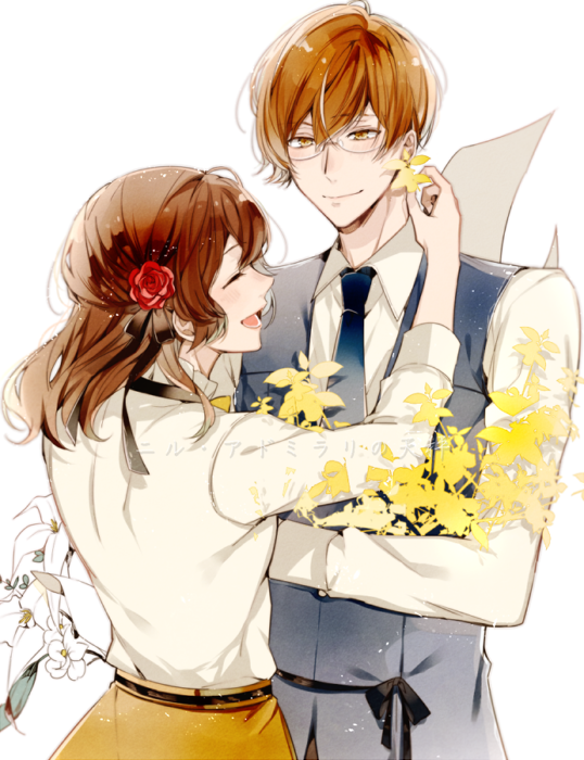 1boy, 1girl, 5574iahu, blonde_hair, bouquet, brown_hair, closed_eyes, closed_mouth