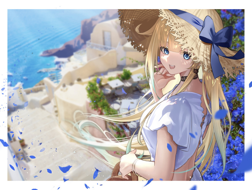 1girl, aizawa_ema, architecture, bag, bangle, bangs, black_choker, blonde_hair