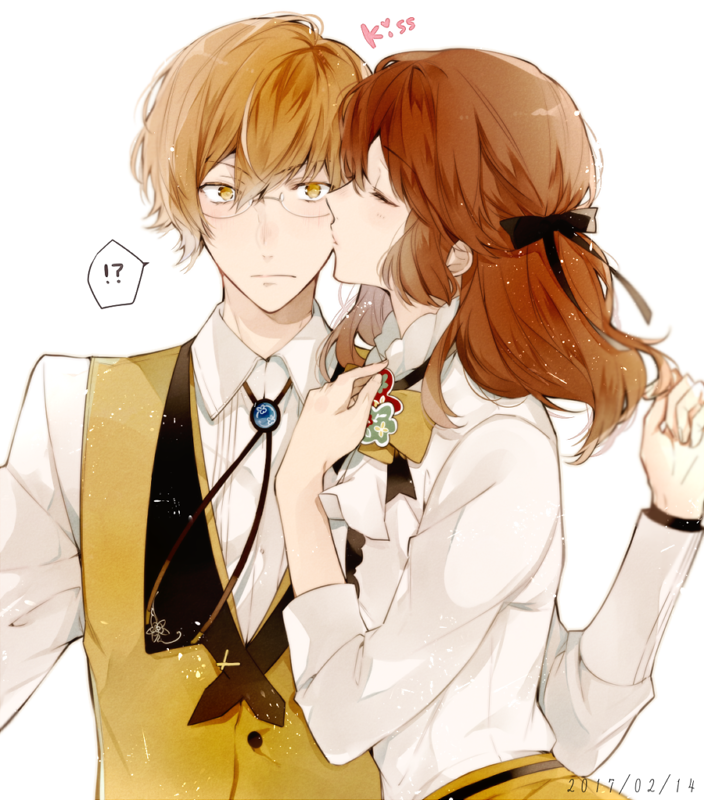 1boy, 1girl, 5574iahu, blonde_hair, blush, brown_hair, closed_eyes, facing_to_the_side