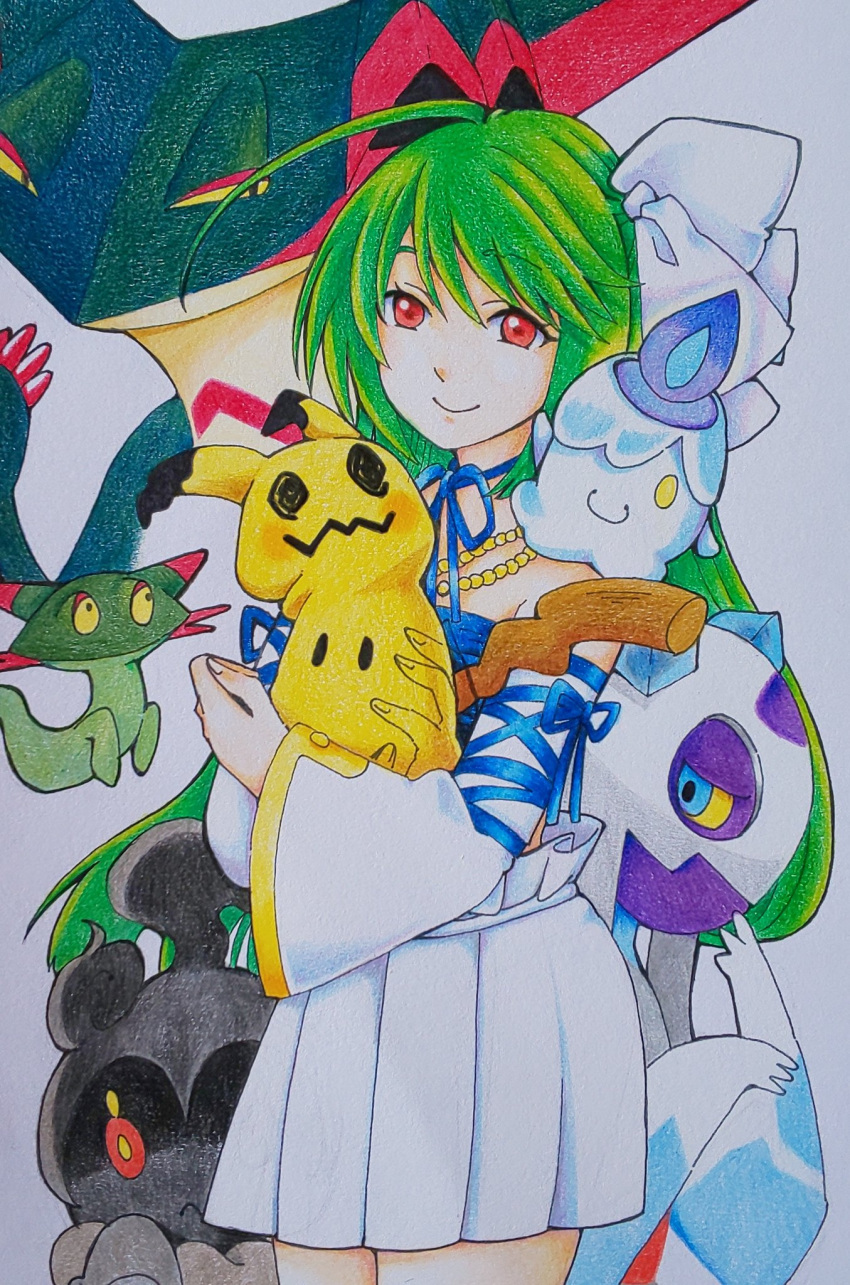 1girl, bare_shoulders, blue_ribbon, choker, closed_mouth, colored_pencil_(medium), crossover, detached_sleeves, dragapult, dreepy, froslass, green_hair, hair_ribbon, hair_strand, highres, holding, litwick, long_hair, marshadow, mimikyu, mirumiru_03636, nikkari_aoe_(tenka_hyakken), pokemon, pokemon_(game), pokemon_swsh, red_eyes, ribbon, ribbon_choker, skirt, smile, tenka_hyakken, traditional_media, white_skirt, wide_sleeves