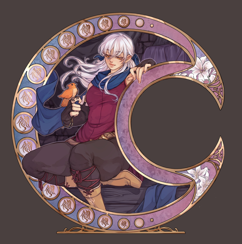 1girl, absurdres, bangle, bangs, bare_shoulders, belt, bird, bird_on_hand, black_gloves, black_leggings, blue_scarf, boots, bracelet, crescent_moon, curvy, dress, elbow_gloves, fingerless_gloves, fire_emblem, fire_emblem:_radiant_dawn, gloves, grey_hair, hair_ribbon, half_updo, highres, iaurencin, jewelry, leggings, long_hair, looking_at_another, micaiah_(fire_emblem), moon, ribbon, scarf, side_slit, sleeveless, sleeveless_dress, solo, thick_thighs, thighs, yellow_eyes, yune_(fire_emblem)