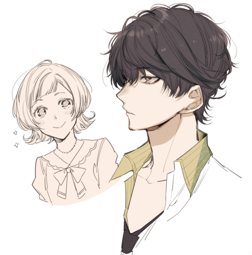 1boy, 1girl, 5574iahu, black_hair, black_necktie, blush, closed_mouth, facial_hair