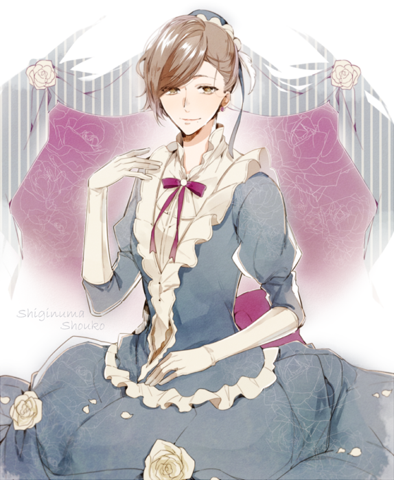 1girl, 5574iahu, blue_dress, brown_eyes, brown_hair, bun_cover, closed_mouth, curtains