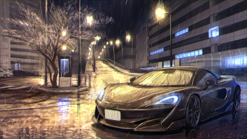 bare_tree, car, glowing, ground_vehicle, headlight, highres, making-of_available, mclaren