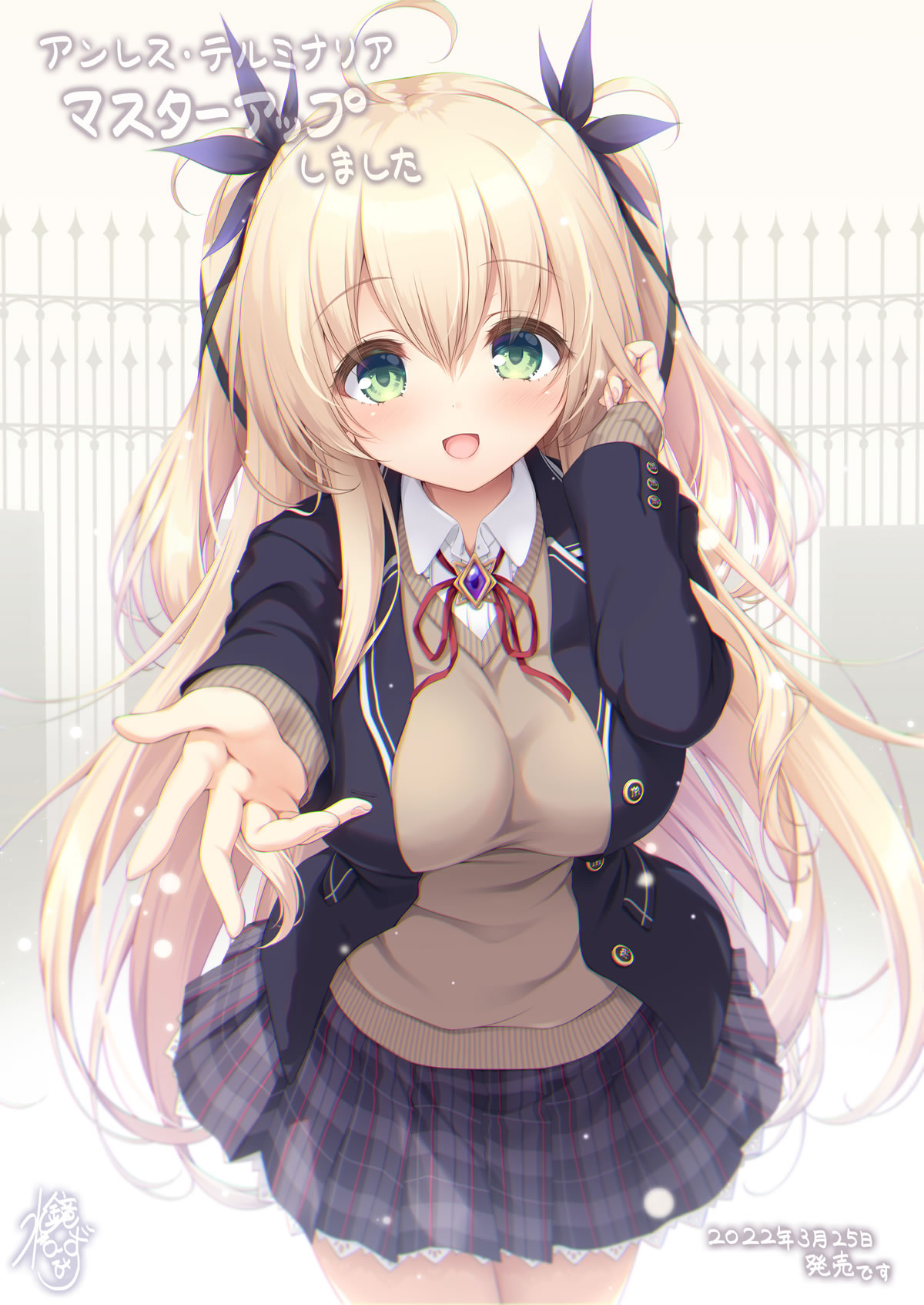 1girl, bangs, blazer, blonde_hair, blurry, blush, bokeh, brooch