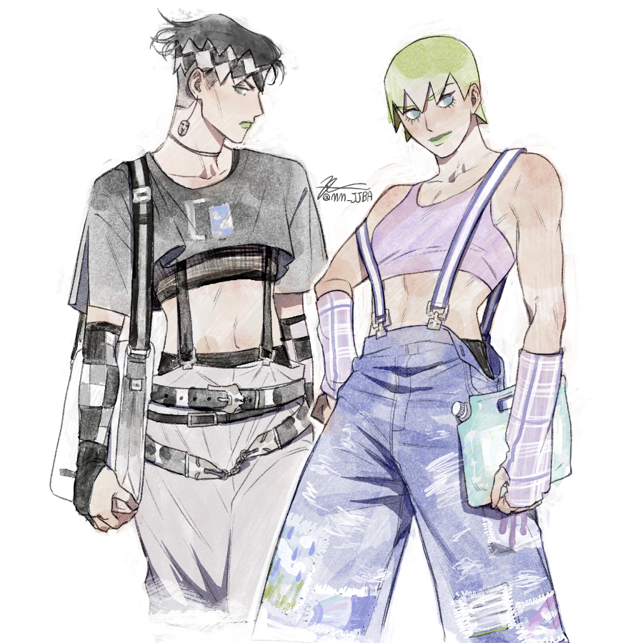 1boy, 1girl, belt, black_hair, blue_eyes, blue_pants, breasts, checkered_clothes