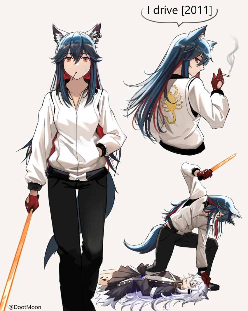 absurdres, animal_ear_fluff, animal_ears, arknights, black_coat, black_hair, cigarette, coat