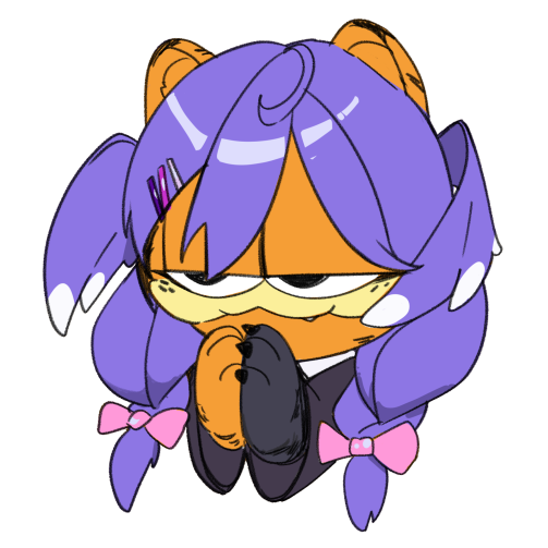:3, asymmetrical_arms, bangs, black_eyes, black_sweater, bow, braid, cosplay, english_commentary, fang, garfield, garfield_(character), hair_bow, hair_ornament, hairclip, head_wings, looking_to_the_side, moist_owlette, nijisanji, nijisanji_en, own_hands_together, pink_bow, portrait, selen_tatsuki, selen_tatsuki_(cosplay), sweater, twin_braids