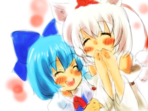 animal_ears, bad_id, blue_hair, blush, bow, cirno, detached_sleeves, inubashiri_momiji, multiple_girls, nomutarou, open_mouth, short_hair, sketch, smile, touhou, white_hair