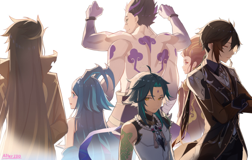 2girls, 4boys, absurdres, after3310, ahoge, aqua_hair, arm_tattoo, arms_up