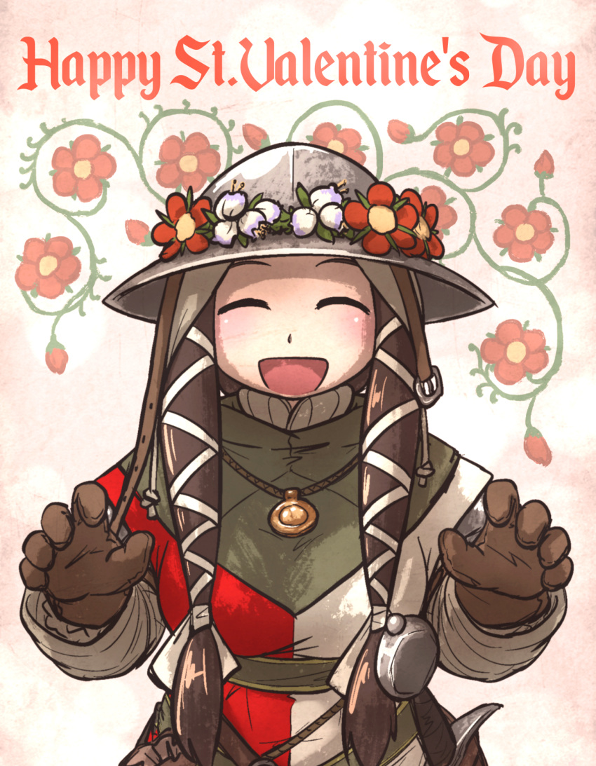 1girl, armor, brown_gloves, brown_hair, closed_eyes, english_text, flora_sister_(ironlily), flower