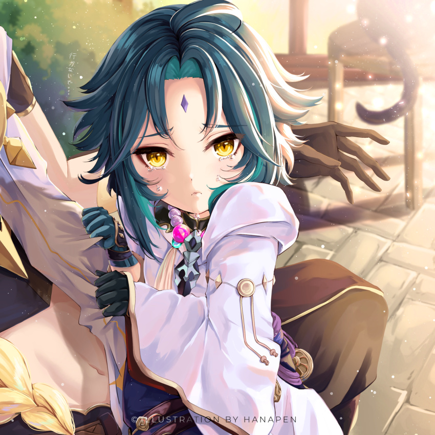 2boys, aether_(genshin_impact), aged_down, ahoge, aqua_hair, artist_name, asymmetrical_gloves, bangs