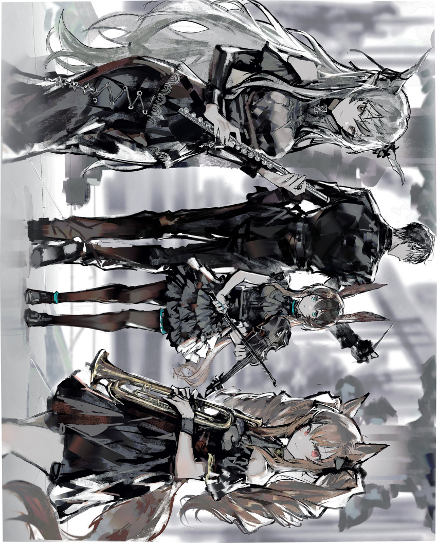 1boy, 3girls, absurdres, ambience_synesthesia, amiya_(arknights), angelina_(arknights), animal_ears, anklet, arknights, baton_(conducting), black_bow, black_dress, black_gloves, black_jacket, black_pants, bow, brown_hair, brown_pantyhose, choker, conductor, doctor_(arknights), dress, facing_away, flute, full_body, gloves, hair_bow, hands_in_pockets, highres, holding, holding_instrument, infection_monitor_(arknights), instrument, jacket, jewelry, long_hair, long_sleeves, looking_at_viewer, male_doctor_(arknights), multiple_girls, off-shoulder_dress, off_shoulder, pants, pantyhose, rabbit_ears, remsrar, shining_(arknights), shoes, sideways, standing, thighlet, transverse_flute, trumpet, twintails, white_hair
