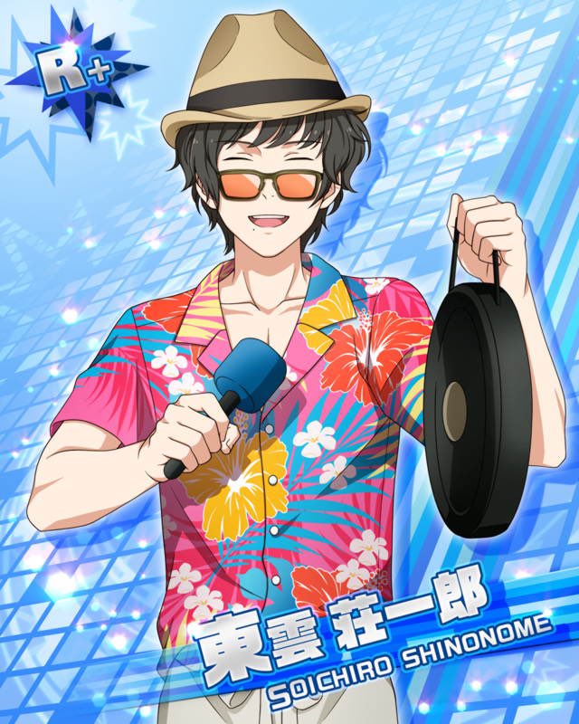 1boy, black_hair, blue_background, buttons, card_(medium), character_name, closed_eyes, collared_shirt