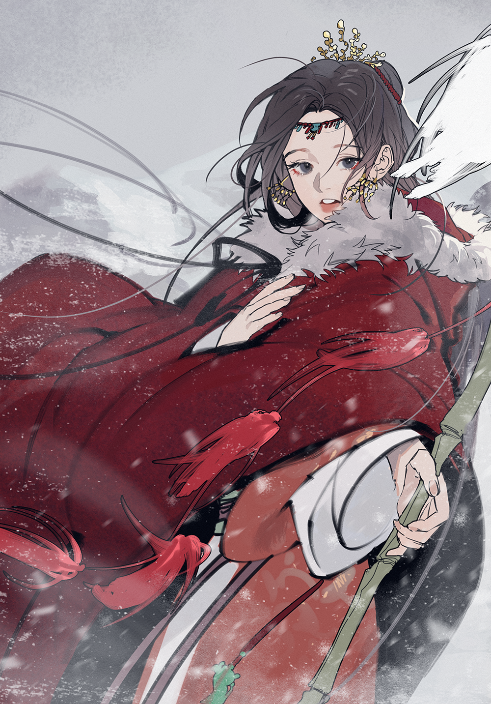 1girl, black_hair, blurry, chinese_clothes, circlet, cloak, cowboy_shot, depth_of_field, earrings, floating_clothes, floating_hair, from_side, fur-trimmed_cloak, fur-trimmed_hood, fur_trim, grey_sky, hair_bun, hair_ornament, hand_up, hanfu, highres, holding, hood, hood_down, hooded_cloak, jewelry, long_hair, long_sleeves, looking_at_viewer, one_hundred_scenes_of_jiangnan, outstretched_arm, pekopeco, reaching_towards_viewer, red_cloak, red_robe, robe, sash, single_hair_bun, snowing, solo, standing, tassel, very_long_hair, wang_zhaojun, wind, winter_clothes