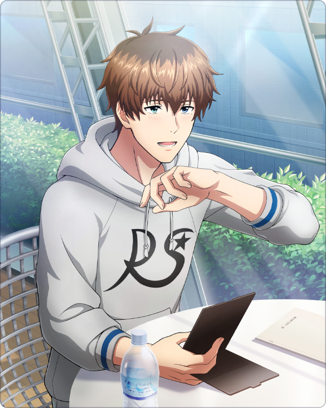 1boy, antenna_hair, blue_eyes, blush, bottle, brown_hair, bush, fingernails