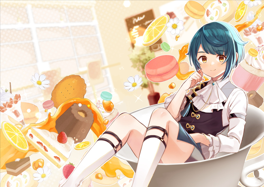 1boy, ascot, asymmetrical_hair, bangs, black_vest, blue_hair, blurry, blurry_background, blush, brooch, bundt_cake, cake, cake_slice, closed_mouth, collared_shirt, commentary_request, cookie, cup, cupcake, feet_out_of_frame, flower, food, frilled_sleeves, frills, fruit, fukaya_miku, gem, genshin_impact, halftone, hand_up, highres, icing, in_container, in_cup, indoors, jewelry, lemon, lemon_slice, long_sleeves, looking_at_viewer, macaron, male_focus, menu, menu_board, parted_bangs, plant, potted_plant, shirt, short_hair, short_shorts, shorts, sidelocks, smile, socks, solo, sparkle, strawberry, strawberry_shortcake, swept_bangs, swiss_roll, tassel, tea, teacup, vest, wafer_stick, whipped_cream, white_ascot, white_flower, white_shirt, white_socks, window, wing_collar, xingqiu_(genshin_impact), yellow_eyes