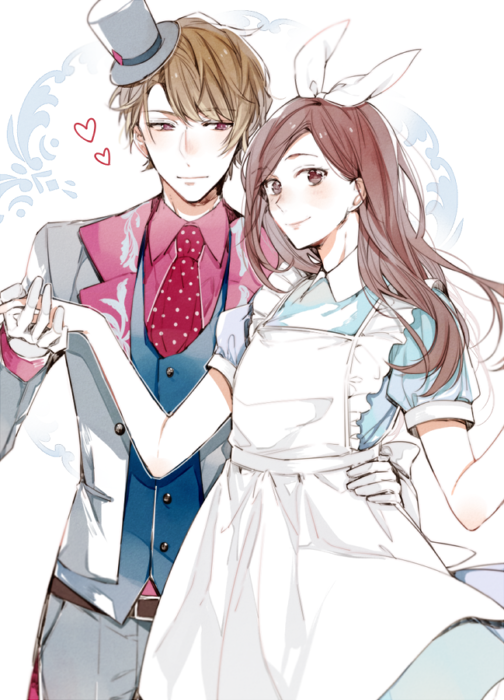 1boy, 1girl, 5574iahu, a3!, alice_(alice_in_wonderland), alice_(alice_in_wonderland)_(cosplay), alice_in_wonderland, blue_dress