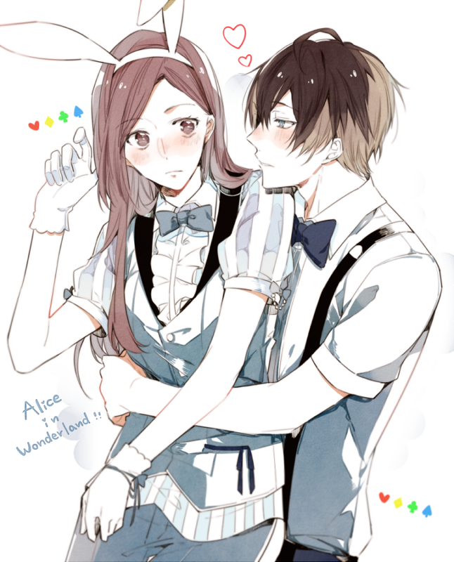 1boy, 1girl, 5574iahu, a3!, alice_in_wonderland, animal_ears, blue_shirt, blush