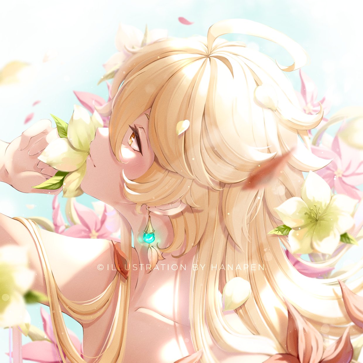 1boy, aether_(genshin_impact), ahoge, arm_up, artist_name, bangs, bishounen, blonde_hair