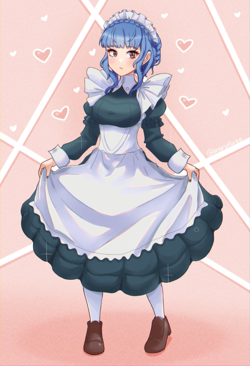 1girl, absurdres, angryforks, apron, blue_dress, blue_hair, blush, braid