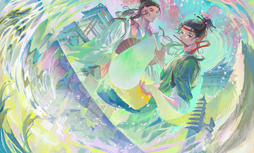 2boys, architecture, black_hair, black_headwear, blue_robe, brown_hair, chinese_clothes, dutch_angle