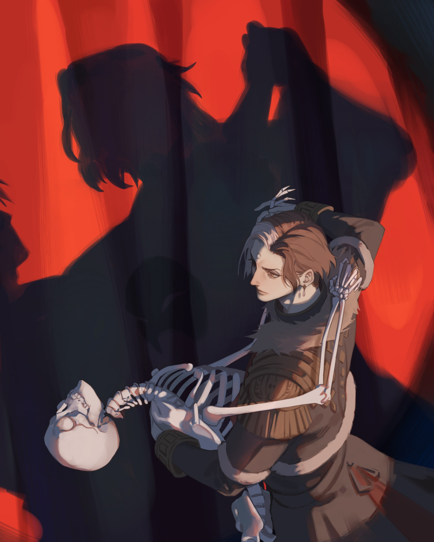 1boy, absurdres, brown_coat, brown_eyes, brown_hair, chinese_commentary, coat, collared_coat, commentary_request, cowboy_shot, curtains, dancing, different_shadow, dual_persona, earrings, emet-selch, epaulettes, final_fantasy, final_fantasy_xiv, fixmeplz, from_above, fur-trimmed_coat, fur_trim, furrowed_brow, garlean, gloves, highres, jewelry, long_sleeves, male_focus, multicolored_hair, red_curtains, shadow, short_hair, skeleton, solo, third_eye, two-tone_hair, white_gloves, white_hair