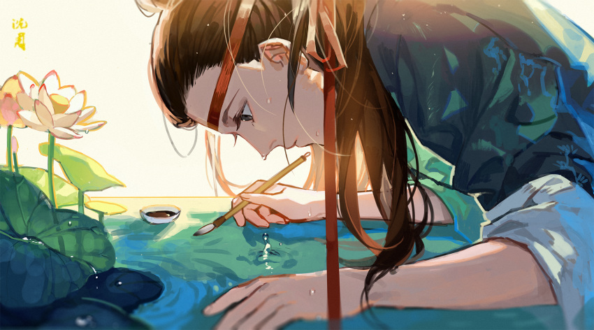 1boy, backlighting, blurry, brown_hair, chinese_clothes, depth_of_field, dew_drop, flower