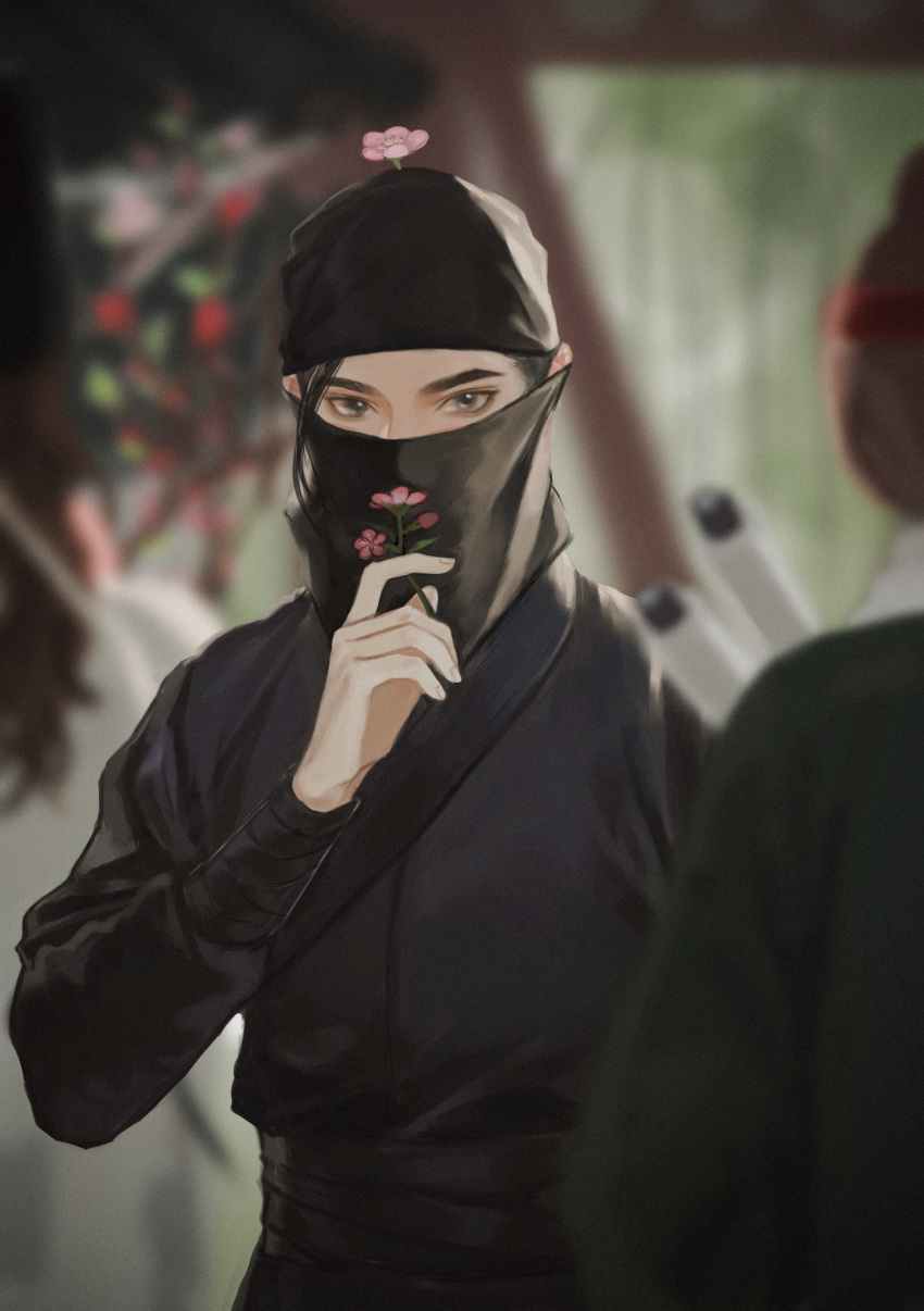 3boys, absurdres, black_hair, black_headwear, black_shirt, blurry, blurry_background, brown_hair, character_request, chinese_clothes, chinese_commentary, covered_mouth, depth_of_field, facing_away, fcpaizi, flower, flower_on_head, hand_up, hanfu, hat, highres, holding, holding_flower, long_sleeves, looking_at_viewer, male_focus, mask, mouth_mask, multiple_boys, one_hundred_scenes_of_jiangnan, sash, shen_zhou, shirt, smelling_flower, solo, solo_focus, tang_yin, upper_body