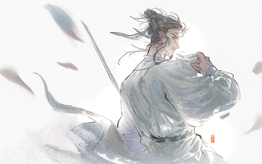 1boy, alcohol, arm_behind_back, chinese_clothes, cup, facial_hair, floating_clothes, floating_hair