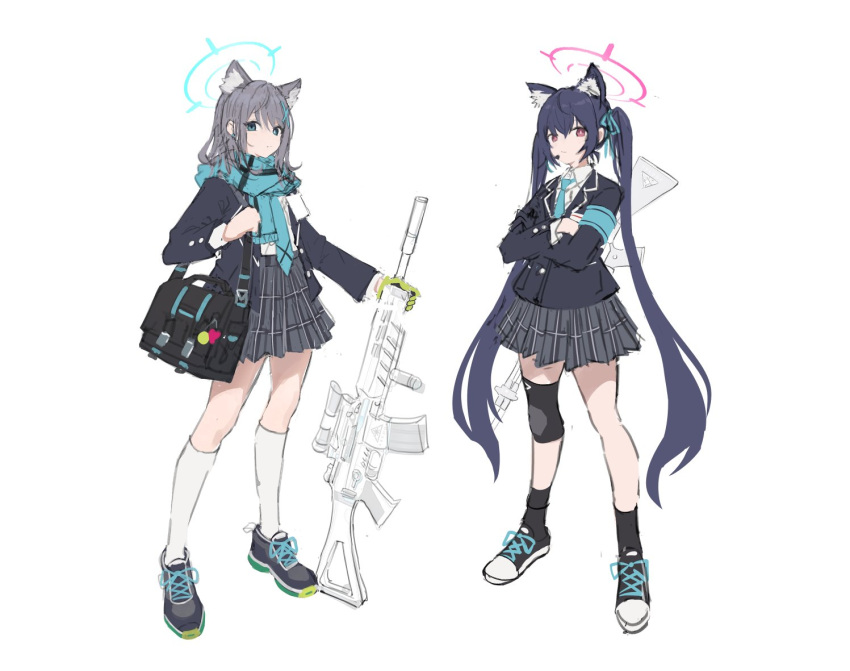 2girls, animal_ear_fluff, animal_ears, armband, assault_rifle, bag, bangs, beretta_ar70