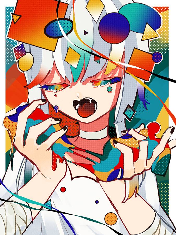 1girl, abstract, bandaged_arm, bandages, bangs, black_mouth, black_nails, border, choker, closed_eyes, colored_eyelashes, colorful, eyelashes, facing_viewer, grey_hair, hands_up, holding, long_hair, multicolored_background, multicolored_hair, nail_polish, open_mouth, original, outside_border, polka_dot, rainbow_eyelashes, rainbow_order, shirt, slime_(substance), solo, streaked_hair, teeth, tongue, tongue_out, upper_body, white_border, white_choker, white_shirt, wokichi