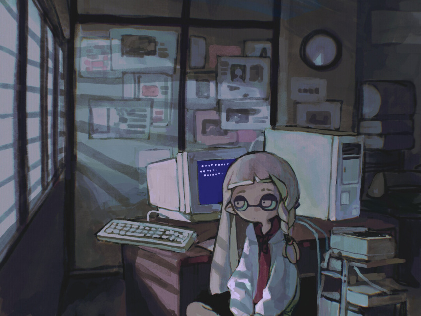 1girl, agent_3_(splatoon_3), blinds, blue_screen_of_death, braid, cable, closed_mouth, computer