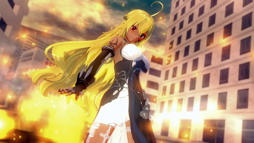 1girl, 3d, ahoge, alternate_costume, alternate_eye_color, alternate_skin_color, blonde_hair, body_writing