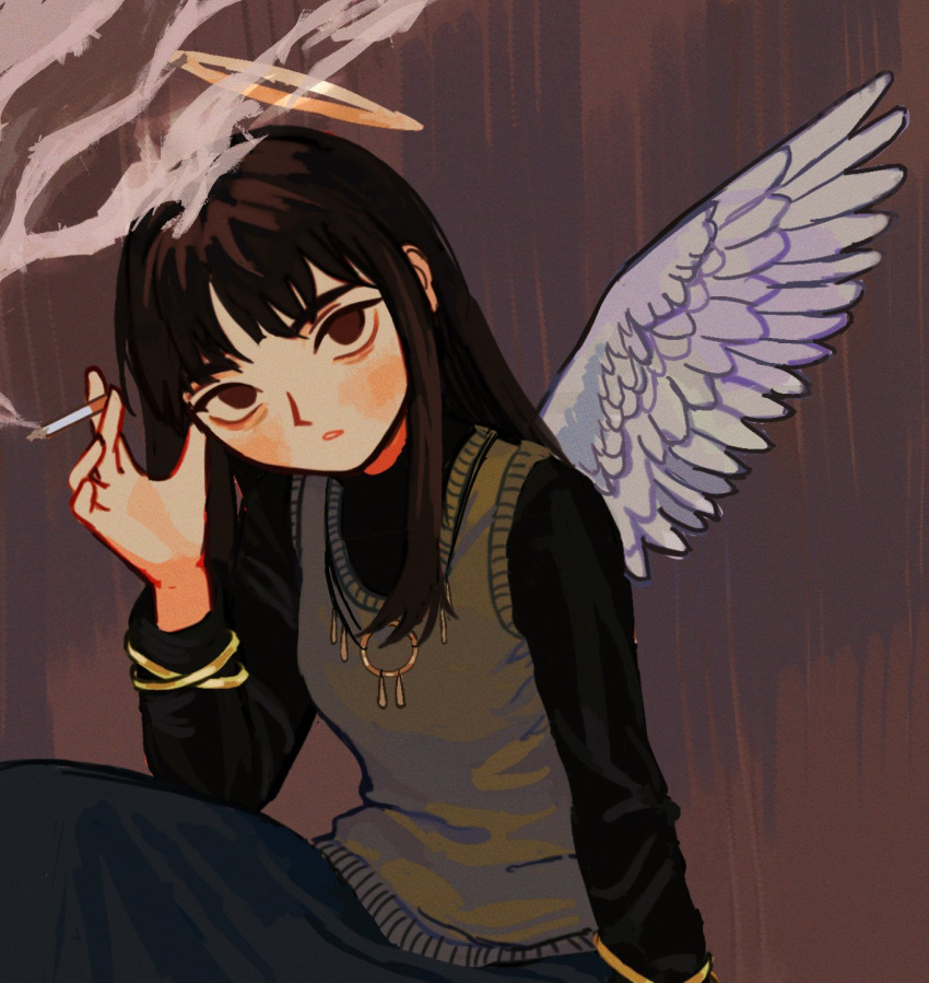 1girl, angel_wings, bangs, black_pants, black_shirt, brown_background, brown_eyes, brown_hair, cigarette, gold_bracelet, green_vest, haibane_renmei, halo, head_tilt, highres, holding, holding_cigarette, io_(onisarashi), jewelry, long_hair, long_sleeves, looking_at_viewer, no_pupils, pants, parted_lips, reki_(haibane), shirt, sidelocks, smoke, solo, vest, wings