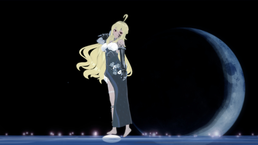 1girl, 3d, ahoge, alternate_costume, alternate_eye_color, alternate_skin_color, bare_shoulders, barefoot