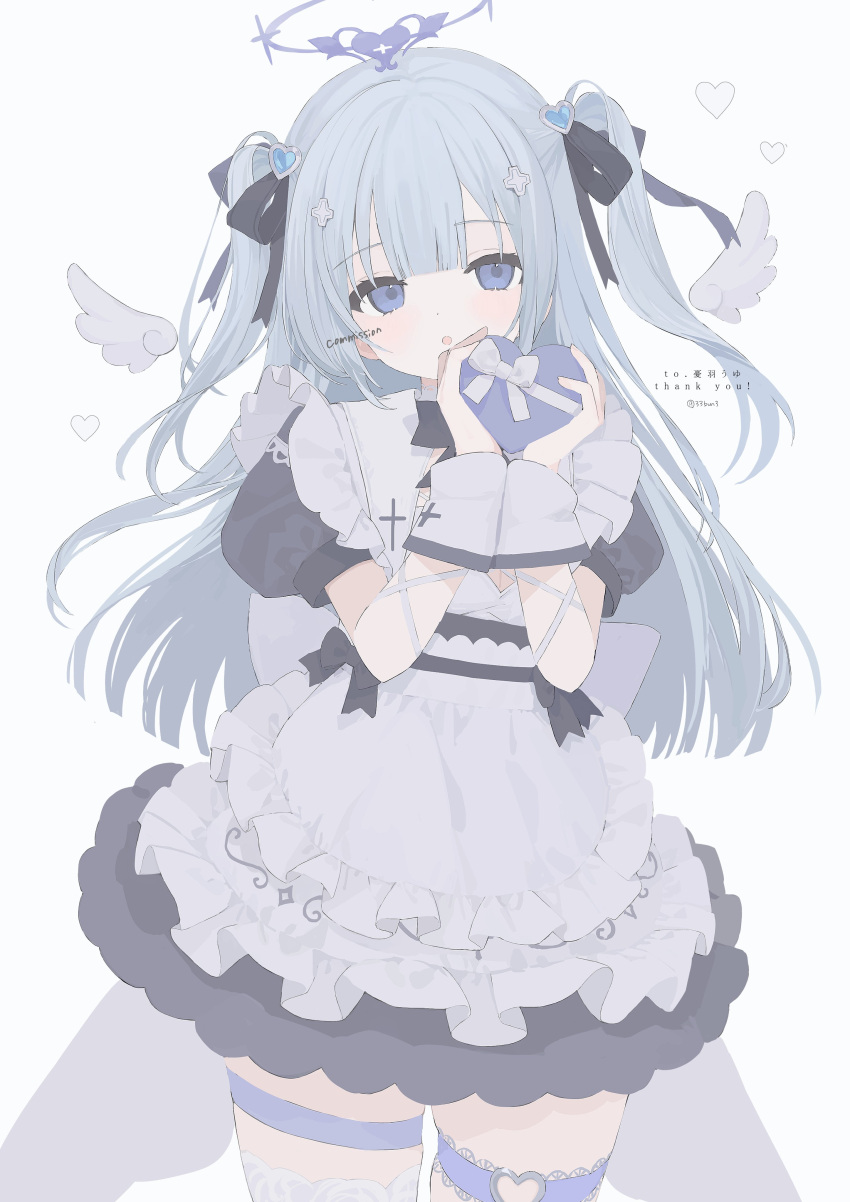 1girl, 33bun3, absurdres, angel_wings, apron, bangs, black_bow, black_bowtie
