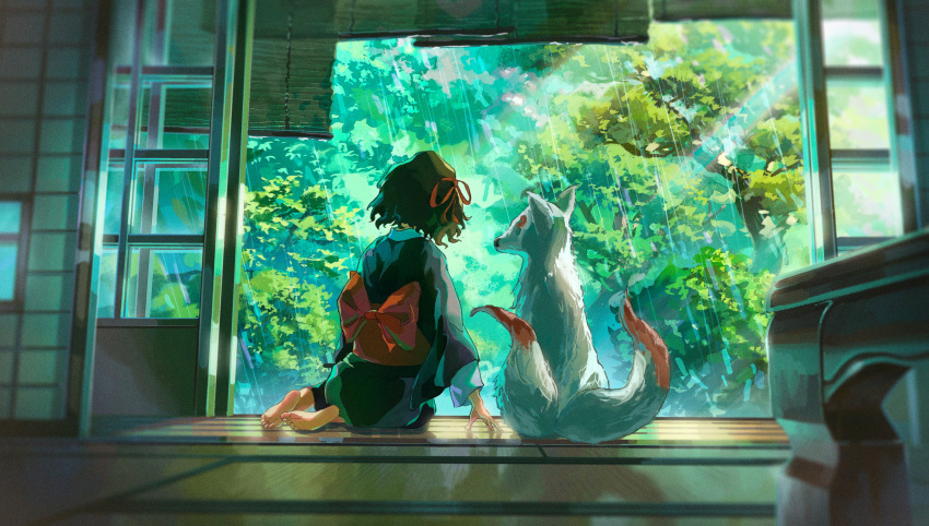 1girl, absurdres, animal, barefoot, black_hair, black_kimono, blurry, bow