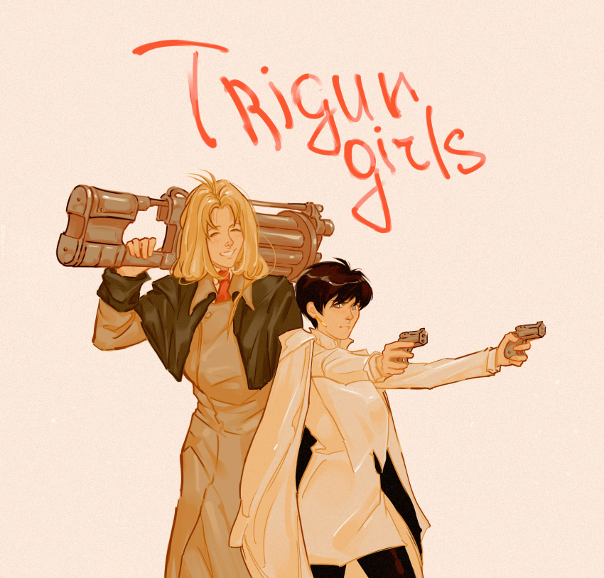2girls, black_hair, blonde_hair, cape, closed_eyes, desert_fox, earrings, gun, highres, jewelry, meryl_stryfe, milly_thompson, multiple_girls, short_hair, simple_background, trigun, weapon, white_cape