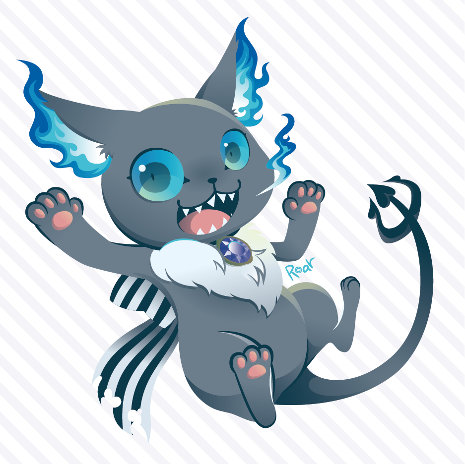 1boy, animal_focus, blue_eyes, blue_sclera, bow, breathing_fire, cat, collar, colored_sclera, demon_tail, fire, gem, grey_fur, grim_(twisted_wonderland), hotate_oishii, no_humans, open_mouth, pawpads, sharp_teeth, solo, striped, striped_background, striped_bow, tail, teeth, twisted_wonderland