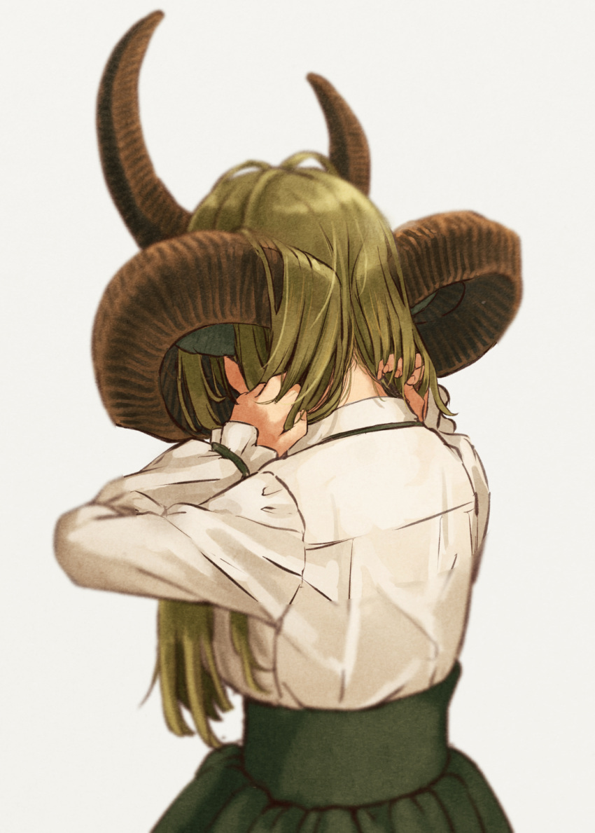 159cm, 1girl, animal_ears, brown_horns, curled_horns, facing_away, frilled_sleeves, frills