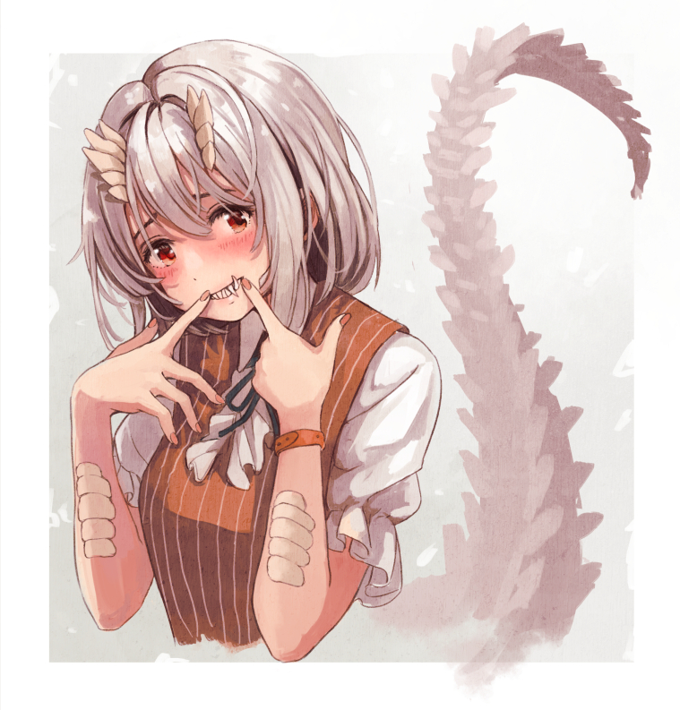 159cm, 1girl, black_ribbon, blush, brown_eyes, brown_horns, brown_nails, brown_scales, brown_vest, commentary_request, frilled_sleeves, frills, grey_background, grey_hair, hands_up, horns, index_finger_raised, looking_at_viewer, mail-chan_(159cm), monster_girl, neck_ribbon, original, ribbon, sharp_teeth, shirt, short_hair, short_sleeves, simple_background, smile, solo, tail, teeth, upper_body, vest, white_shirt, wristband
