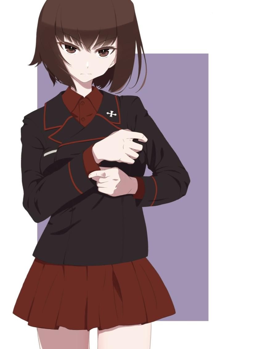 1girl, adjusting_sleeves, bangs, black_jacket, brown_eyes, brown_hair, closed_mouth, commentary, cowboy_shot, dress_shirt, frown, girls_und_panzer, highres, insignia, jacket, kuromorimine_military_uniform, long_sleeves, looking_at_viewer, military, military_uniform, miniskirt, nishizumi_maho, oritako, pleated_skirt, red_shirt, red_skirt, shirt, short_hair, skirt, solo, standing, uniform, wing_collar