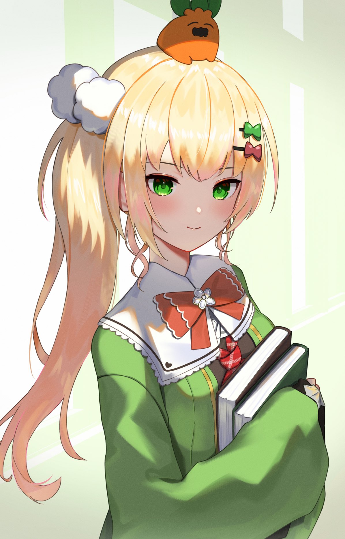 1girl, ao_ne, blonde_hair, blush, book, book_hug, bow, bowtie