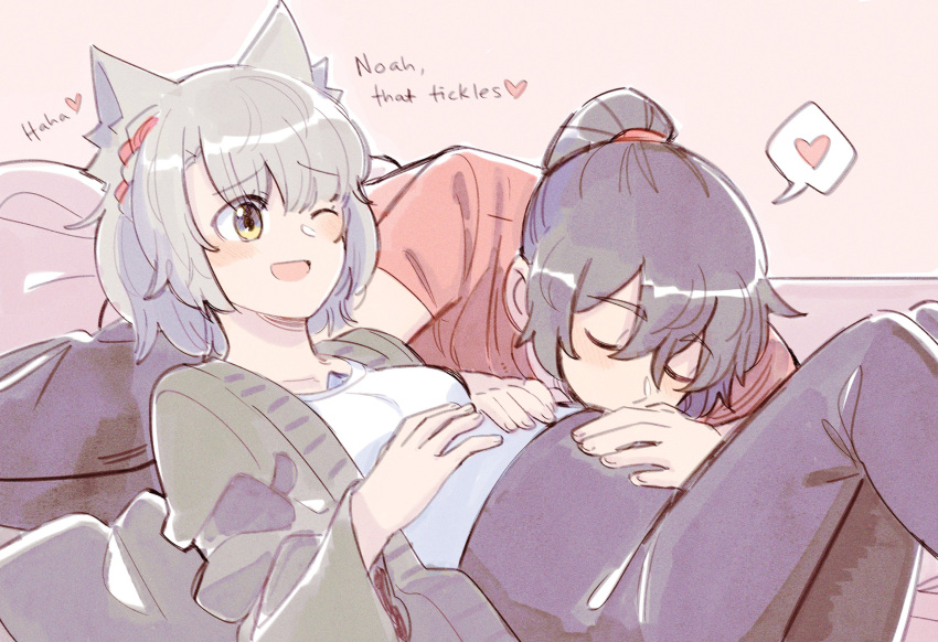 1boy, 1girl, ;d, ange_(angeban93), animal_ears, black_hair, cat_ears, chest_jewel