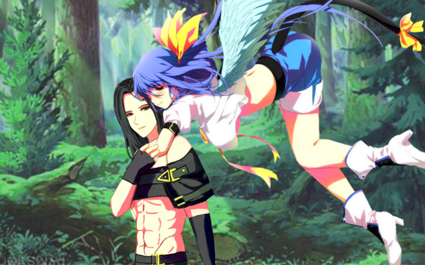 blue_hair, couple, couple_in_love, dizzy_(guilty_gear), forest, guilty_gear, guilty_gear_xrd, hug