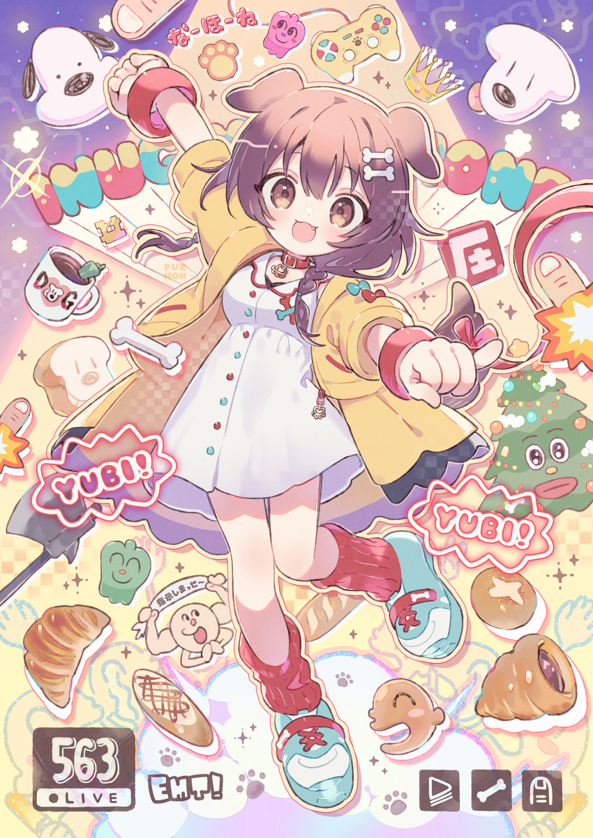1girl, :d, absurdres, animal_collar, animal_ears, bangs, blue_footwear, bone_hair_ornament
