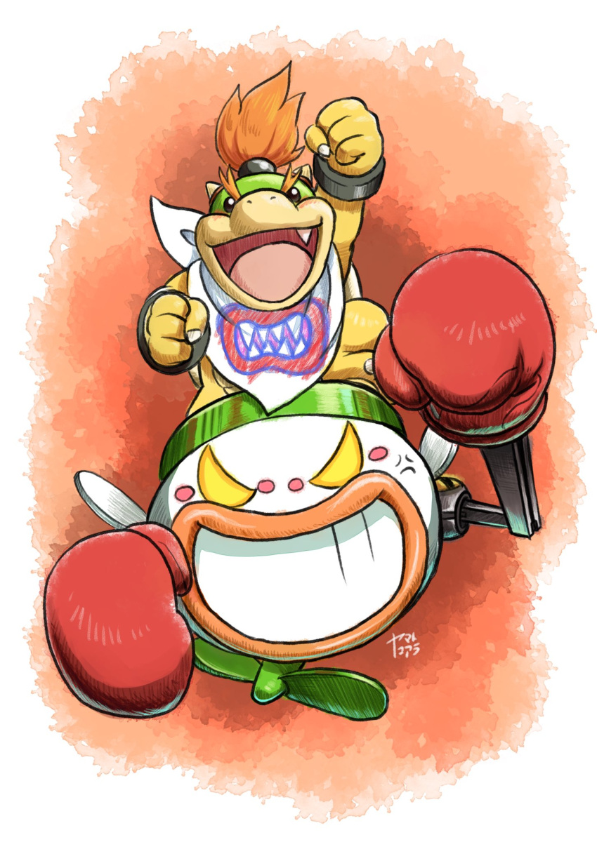 1boy, :d, anger_vein, arm_up, artist_name, bandana, bowser_jr., boxing_gloves